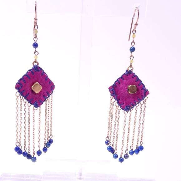 Lee Angel Neiman Marcus Purple Navy Leather Beaded Drape Earrings NWT 168 - Picture 1 of 8